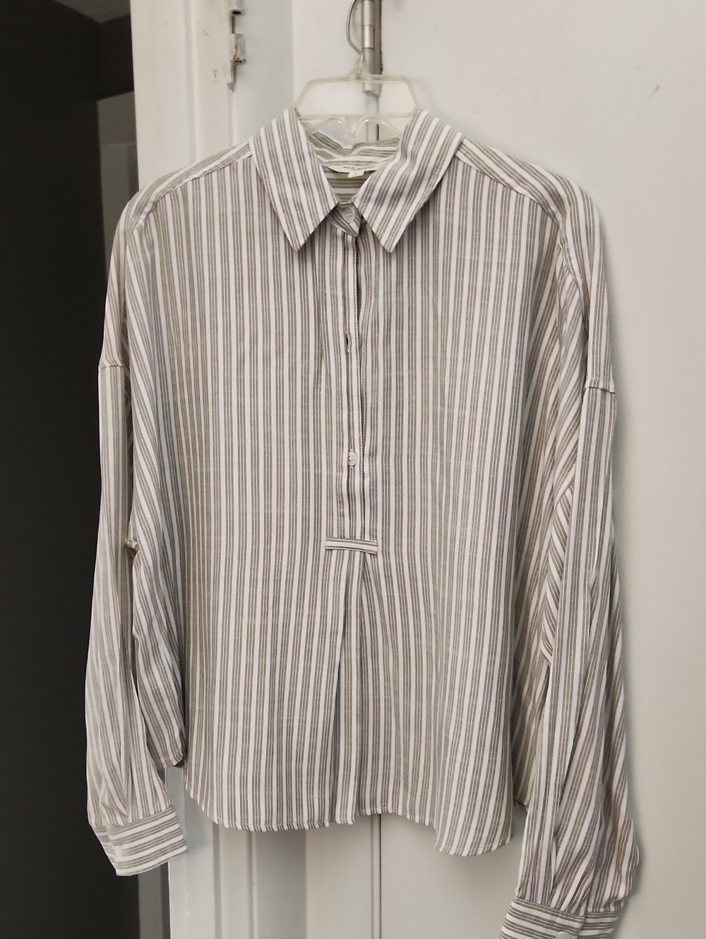 Max Studio Striped Button-Front Shirt in White and Brown
